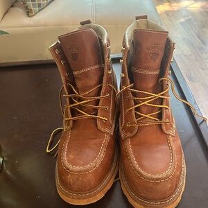 Brown Leather Moc-Toe Boots with Contrast Stitching